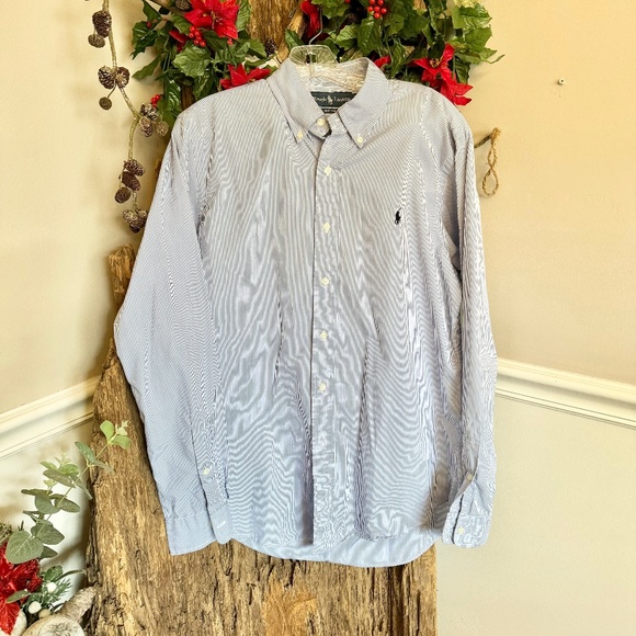 Men's Long Sleeve Blue & White Stripe Polo Ralph Lauren Button Up Size Medium - Picture 1 of 6